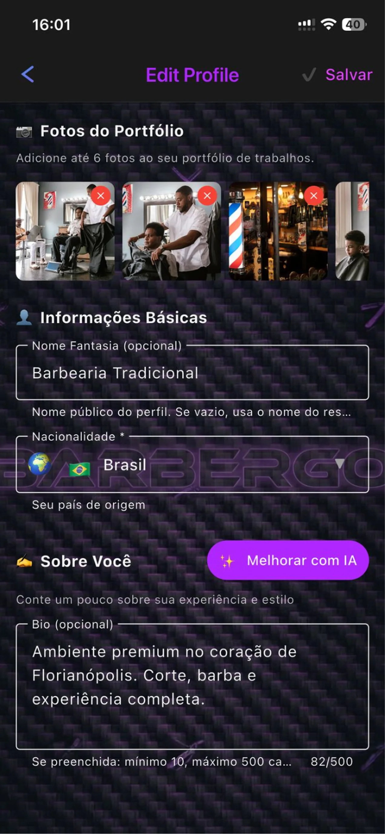 Tela de edição de perfil do BarberGO com o botão Melhorar com IA.