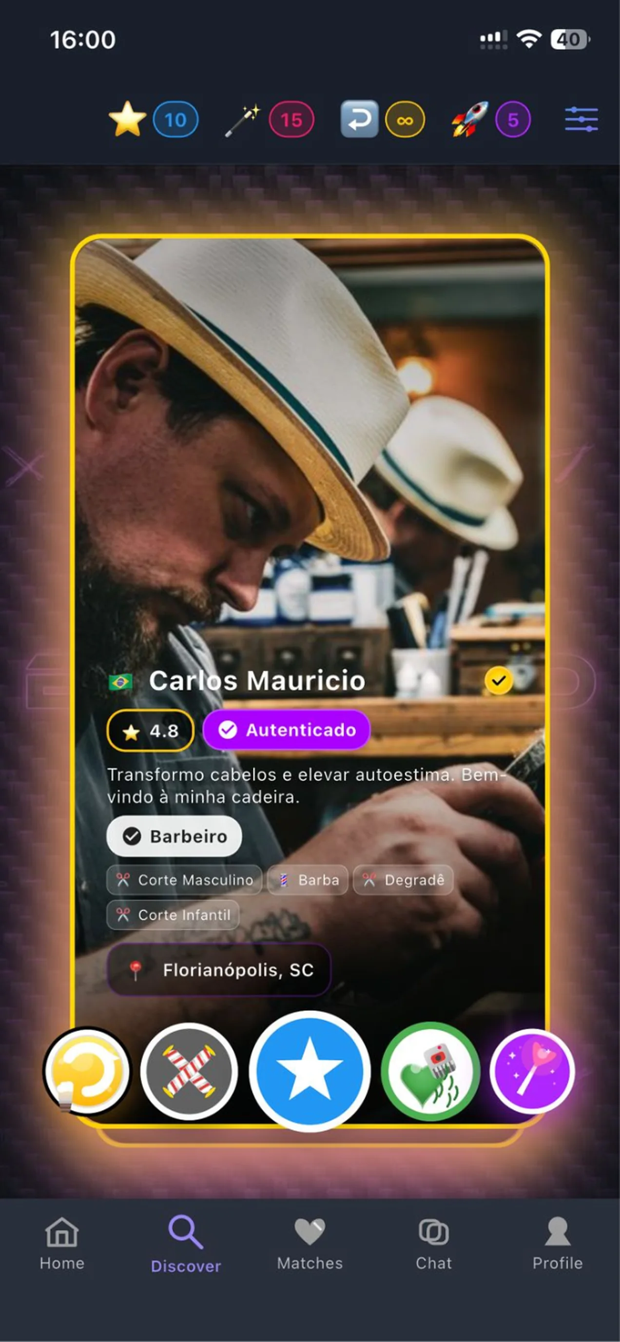 Cartão de descoberta do BarberGO mostrando o perfil de um barbeiro autenticado.